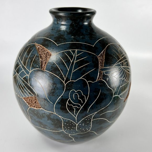 Vtg Nicaragua Vase Clay Pottery Folk Art Carved Incised Hummingbird Flower 6" - Picture 4 of 10